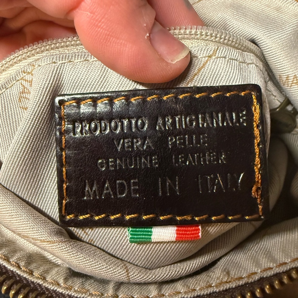 Dark Leather Bag with Yellow Stitching